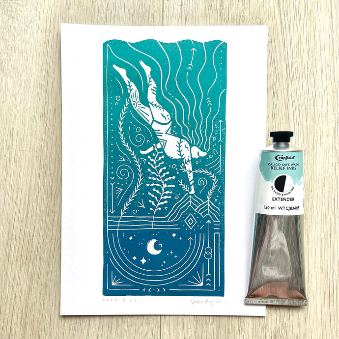 Deep diving Water Warrior - signed Lino print